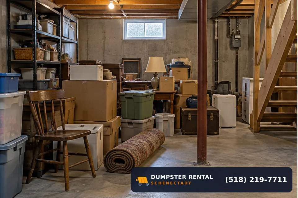 Cluttered Schenectady basement before a roll-off dumpster cleanout
