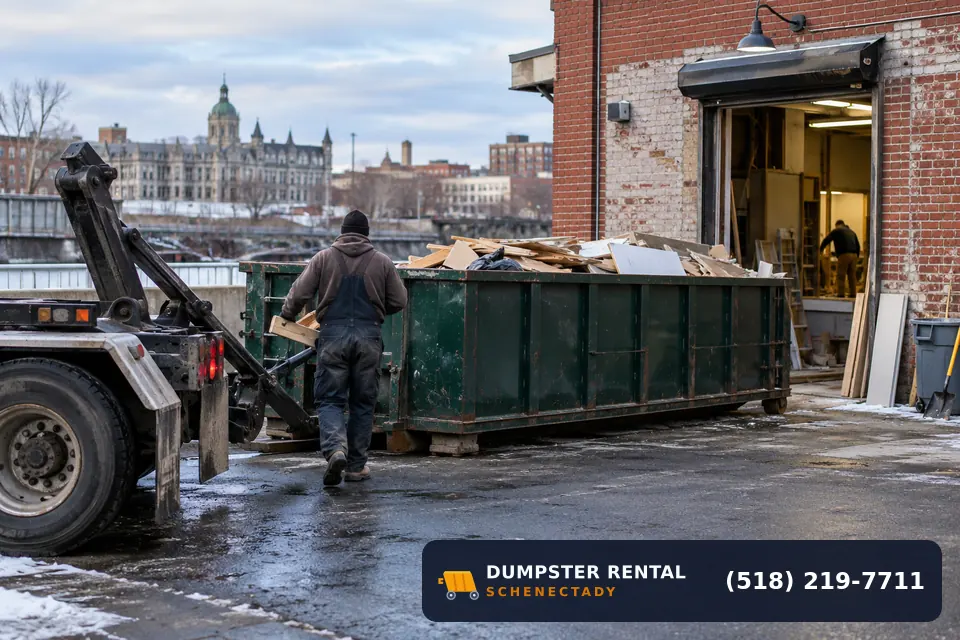 Commercial dumpster in use at a residential or commercial job in Schenectady, NY
