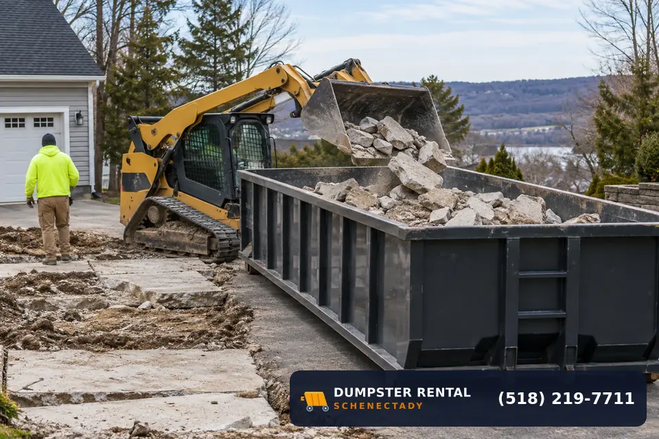 Concrete dumpster in use at a residential or commercial job in Schenectady, NY