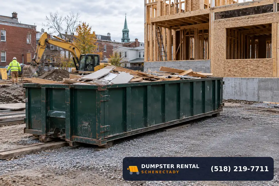 Construction dumpster in use at a residential or commercial job in Schenectady, NY