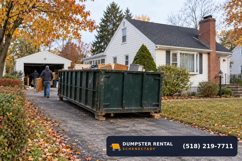 Roll-off dumpster rental at a local cleanup project in Woodlawn, Schenectady, NY