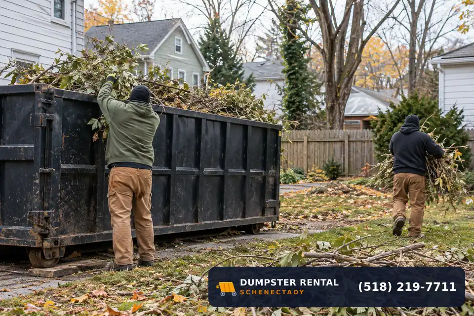 Yard Waste dumpster in use at a residential or commercial job in Schenectady, NY